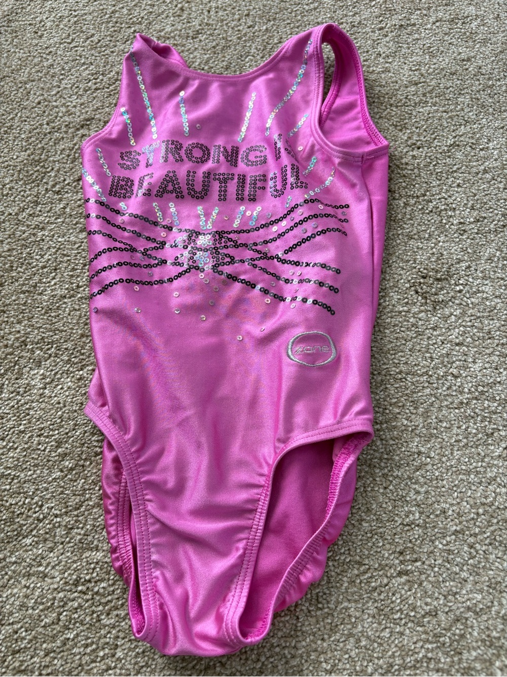 Girls Size YM Pink Sequin Gymnastics OnePiece Leotard Strong Is Beautiful Sporty